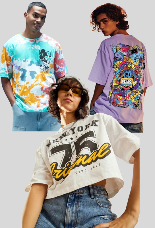 Three people wearing colorful graphic t-shirts on a gray background