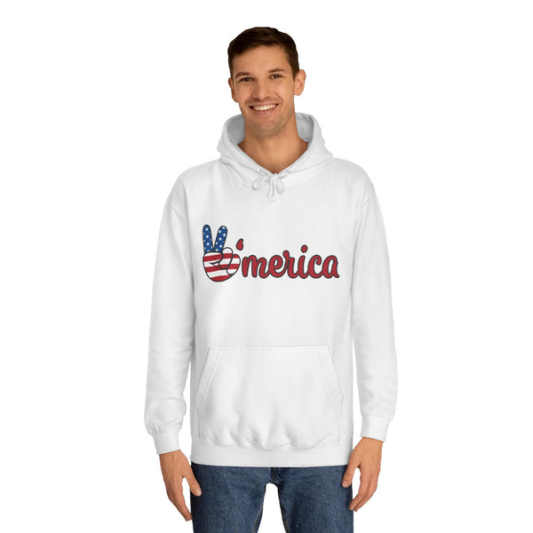 Man wearing a white hoodie with 'america design on a white background