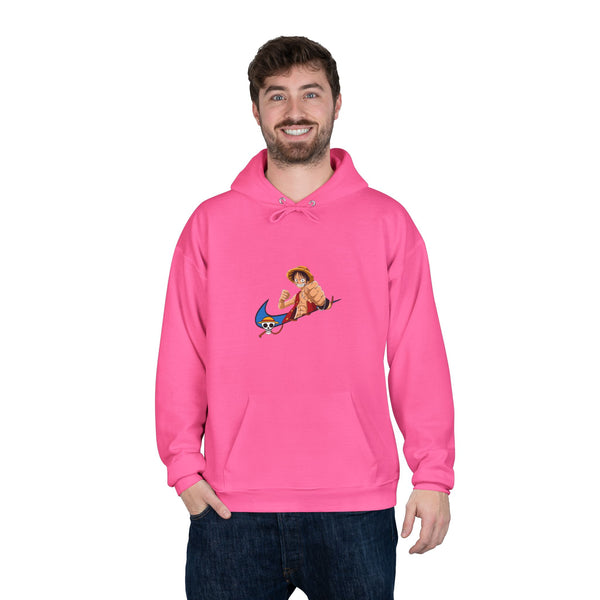 A man and a woman modeling the unisex EcoSmart pullover hoodie, showing the colorful cartoon art on the front.