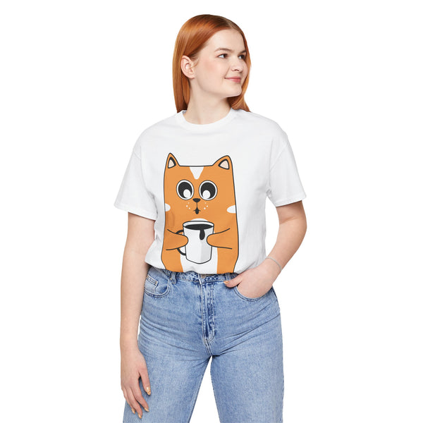 Person wearing a white t-shirt with a cartoon cat design on a white background