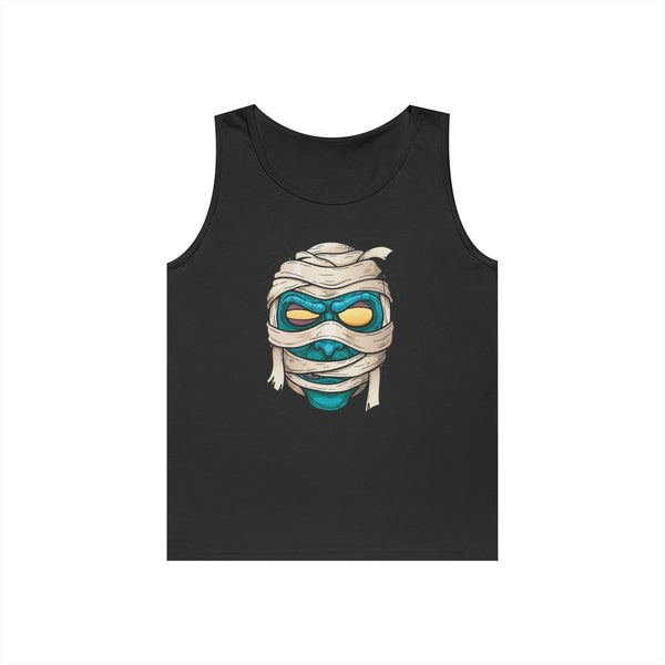 A close-up shot of the unique mummy graphic design printed on the tank top, highlighting the artistic details.