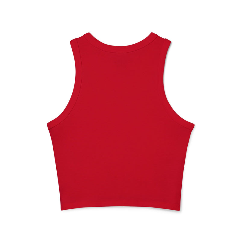 A full-length front view of a woman wearing the white "80's Made Me" micro rib tank top, showing the high-neck and mid-length cut.