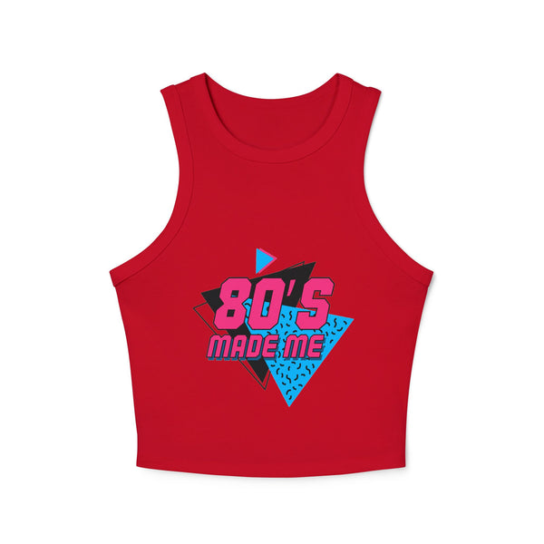 A full-length front view of a woman wearing the white "80's Made Me" micro rib tank top, showing the high-neck and mid-length cut.