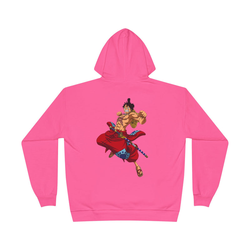 A back view of the EcoSmart hoodie, highlighting the vibrant and playful cartoon design.