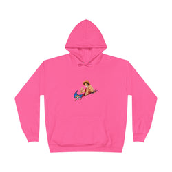 A man and a woman modeling the unisex EcoSmart pullover hoodie, showing the colorful cartoon art on the front.