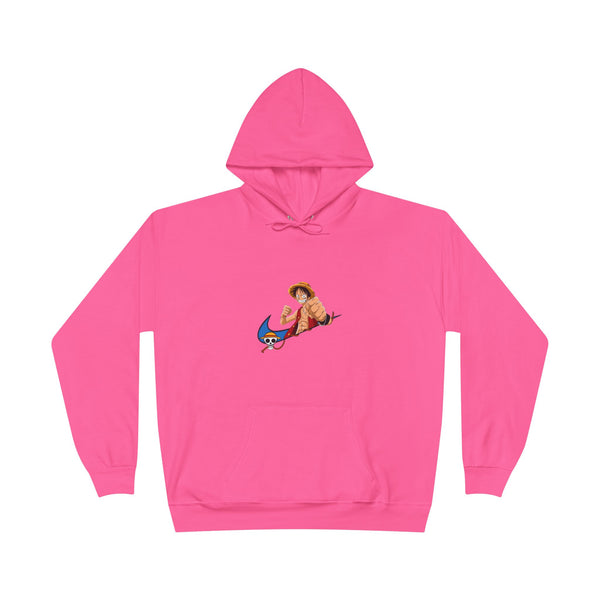 A man and a woman modeling the unisex EcoSmart pullover hoodie, showing the colorful cartoon art on the front.