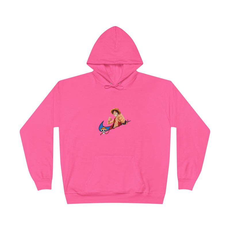 A man and a woman modeling the unisex EcoSmart pullover hoodie, showing the colorful cartoon art on the front.