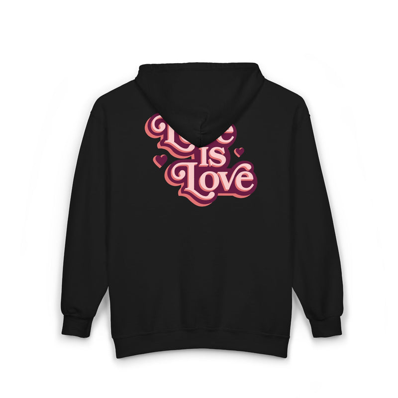 Black hoodie with pink 'LOVE' text on the back against a white background