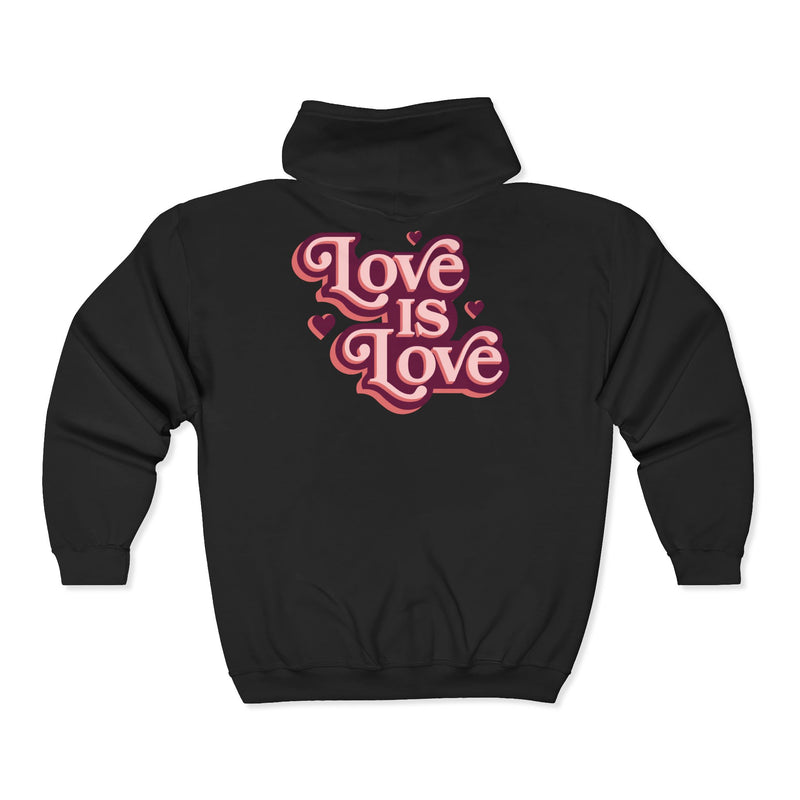 Black hoodie with 'Love is Love' text in pink on a white background