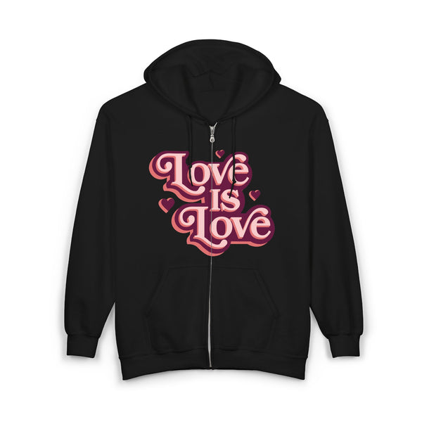 Black hoodie with 'Love is Love' text in pink on a white background