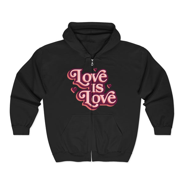 Black hoodie with 'Love is Love' text in pink on a white background