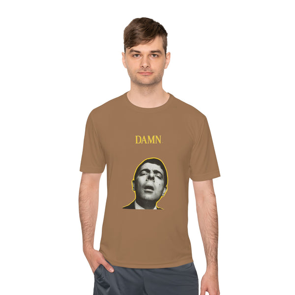Man wearing a brown t-shirt with a graphic design and the word 'DAMN' on a white background