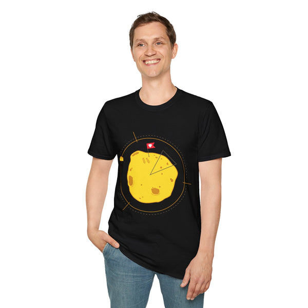 Person wearing a black t-shirt with a yellow graphic design on a white background