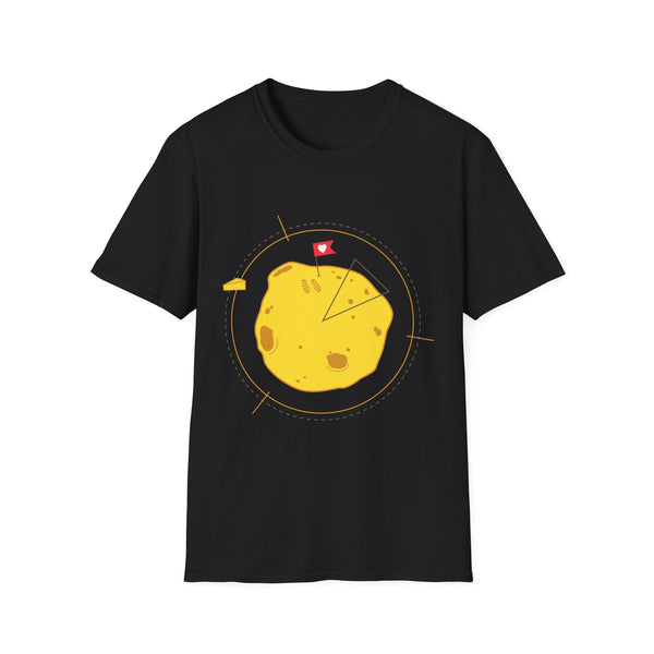 Black t-shirt with a yellow moon graphic and red flag on a white background
