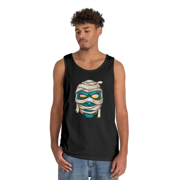 A person modeling the front of the unisex mummy graphic tank top, showing the full design and classic fit