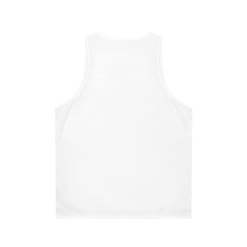 A couple wearing the matching unisex tank tops, showing the full back view 